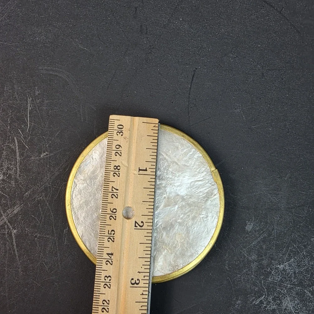 Vintage Capiz Shell Coasters Brass Rim Cork Back Set of 4 Gold Iridescent 3in